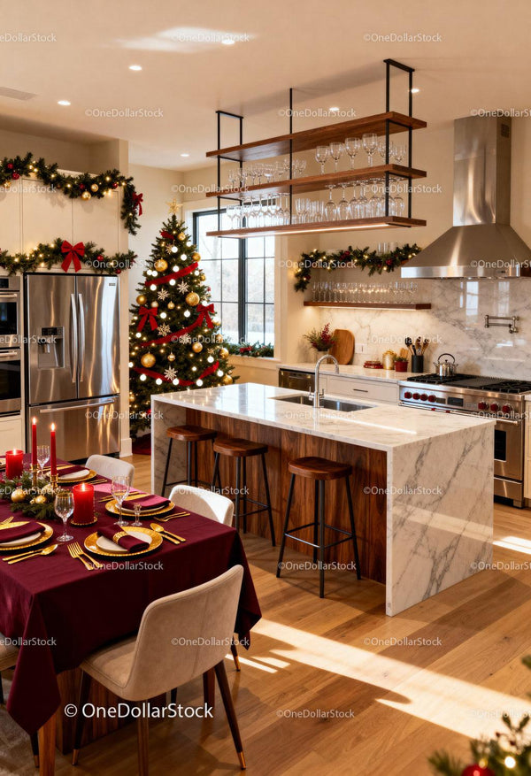 Modern kitchen with festive Christmas dining setup