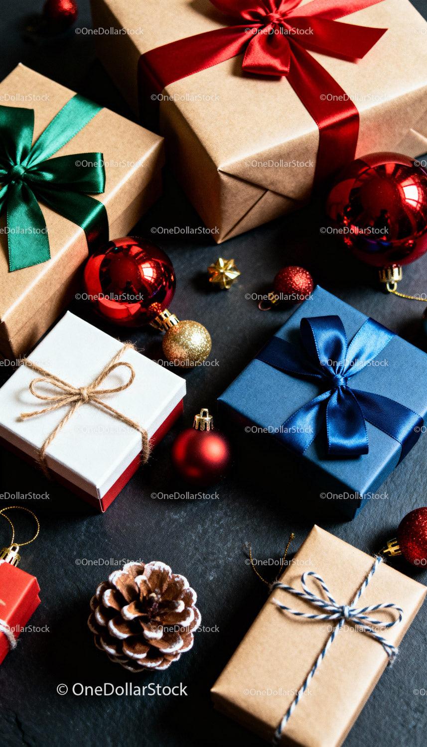 Elegant Christmas Gifts with Colorful Ribbons and Ornaments