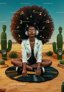 Woman with Afro Hair Enjoying Music in Desert Setting