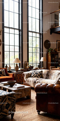 Cozy rustic living room with large windows and natural light