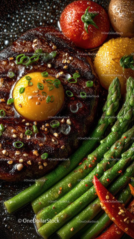 Soczysty grillowany stek z miękkim jajkiem i świeżymi szparagami