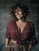 Joyful Woman with Curly Hair Wearing Stylish Outfit in Studio