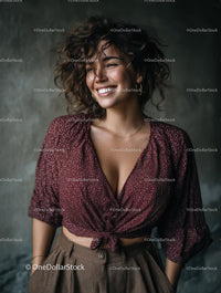 Joyful Woman with Curly Hair Wearing Stylish Outfit in Studio