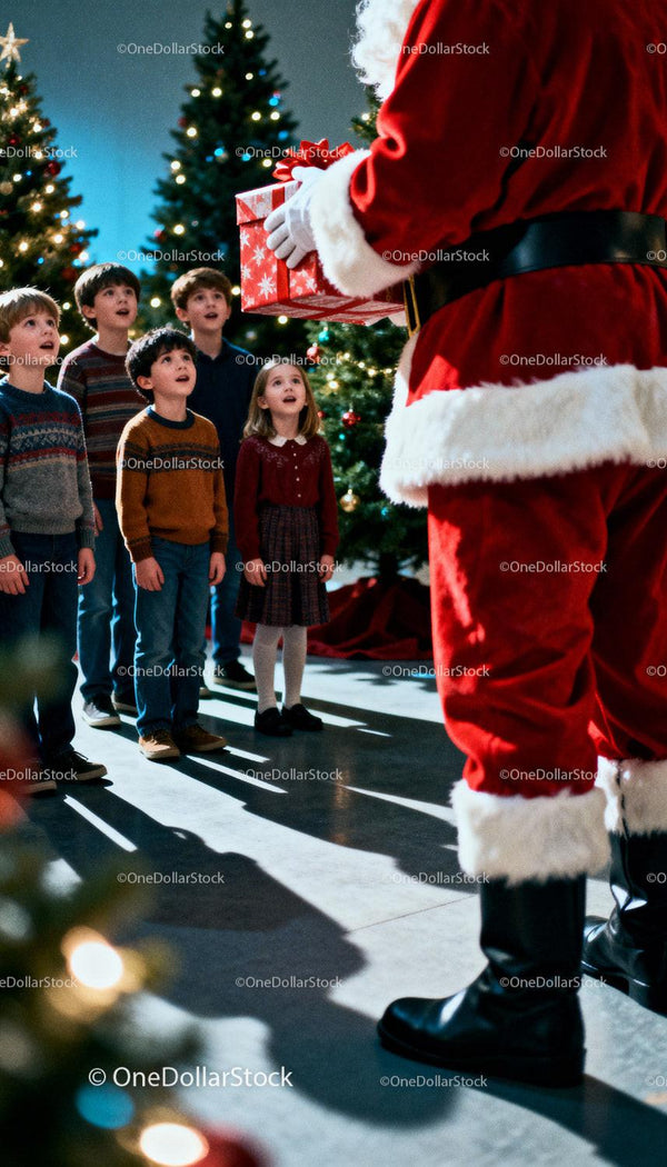 Children in Awe Receiving Gift from Santa Claus