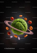 Cabbage Planet Surrounded by Floating Fresh Vegetables
