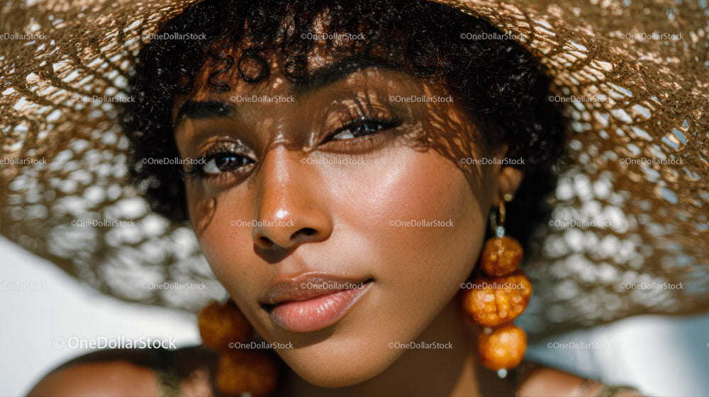 Vibrant Summer Portrait of Woman with Straw Hat and Orange Earrings