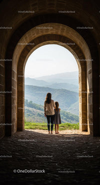 Mother and daughter embracing while looking at mountain view