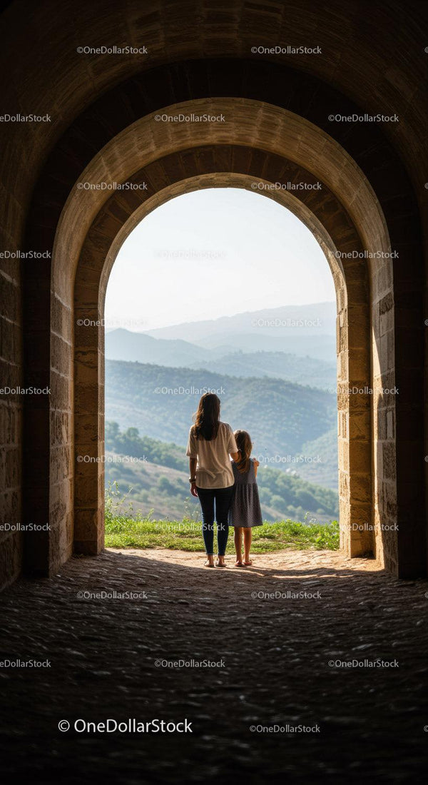 Mother and daughter embracing while looking at mountain view
