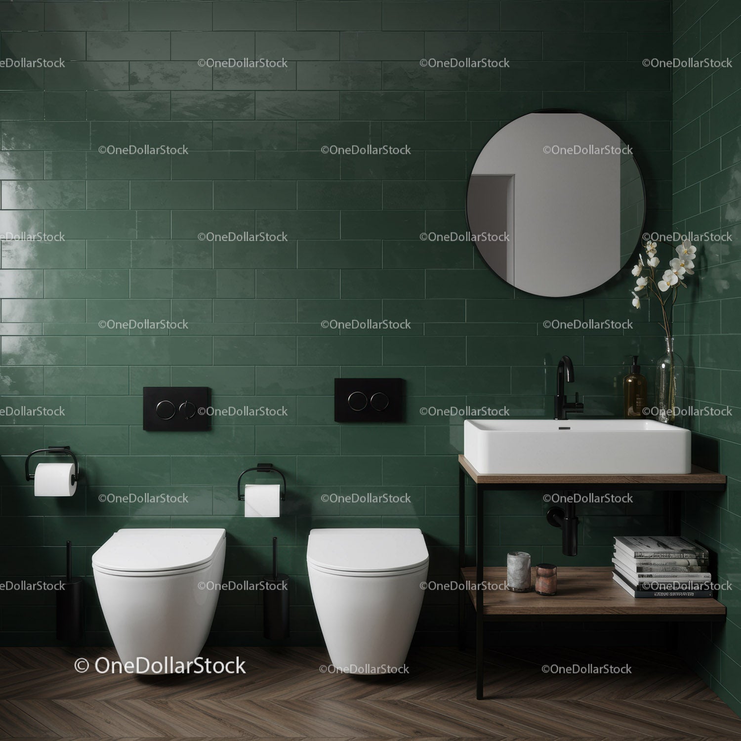 Modern Bathroom with Green Tiles, White Toilet and Minimalist Decor