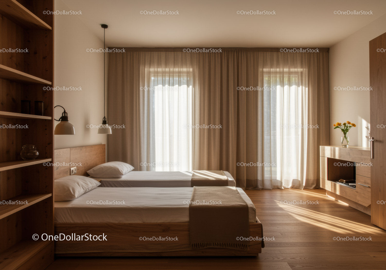 Nowoczesny, przytulny pokój hotelowy z dwoma łóżkami i naturalnym światłem