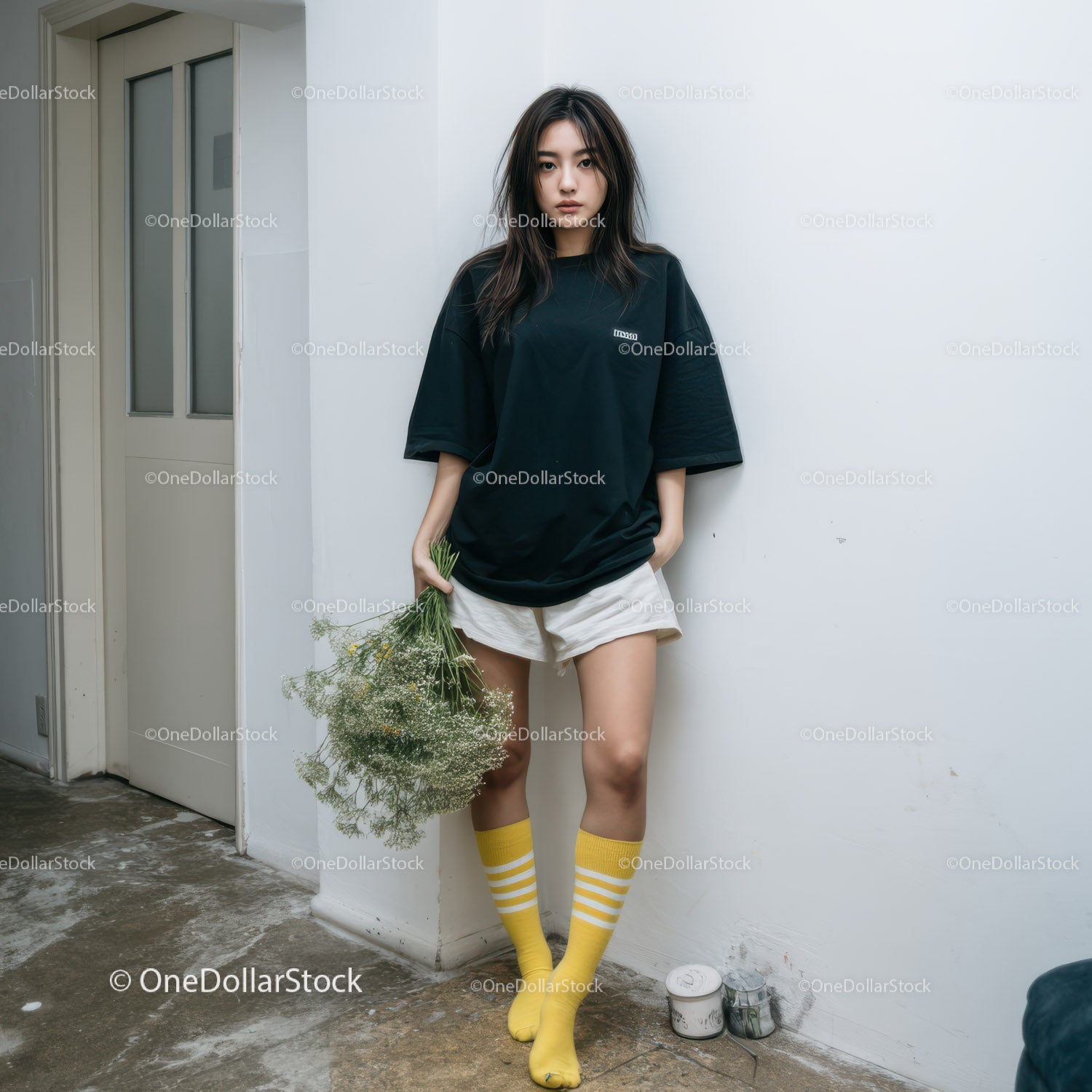 Young Woman in Black T-Shirt and Yellow Socks Holding Flowers