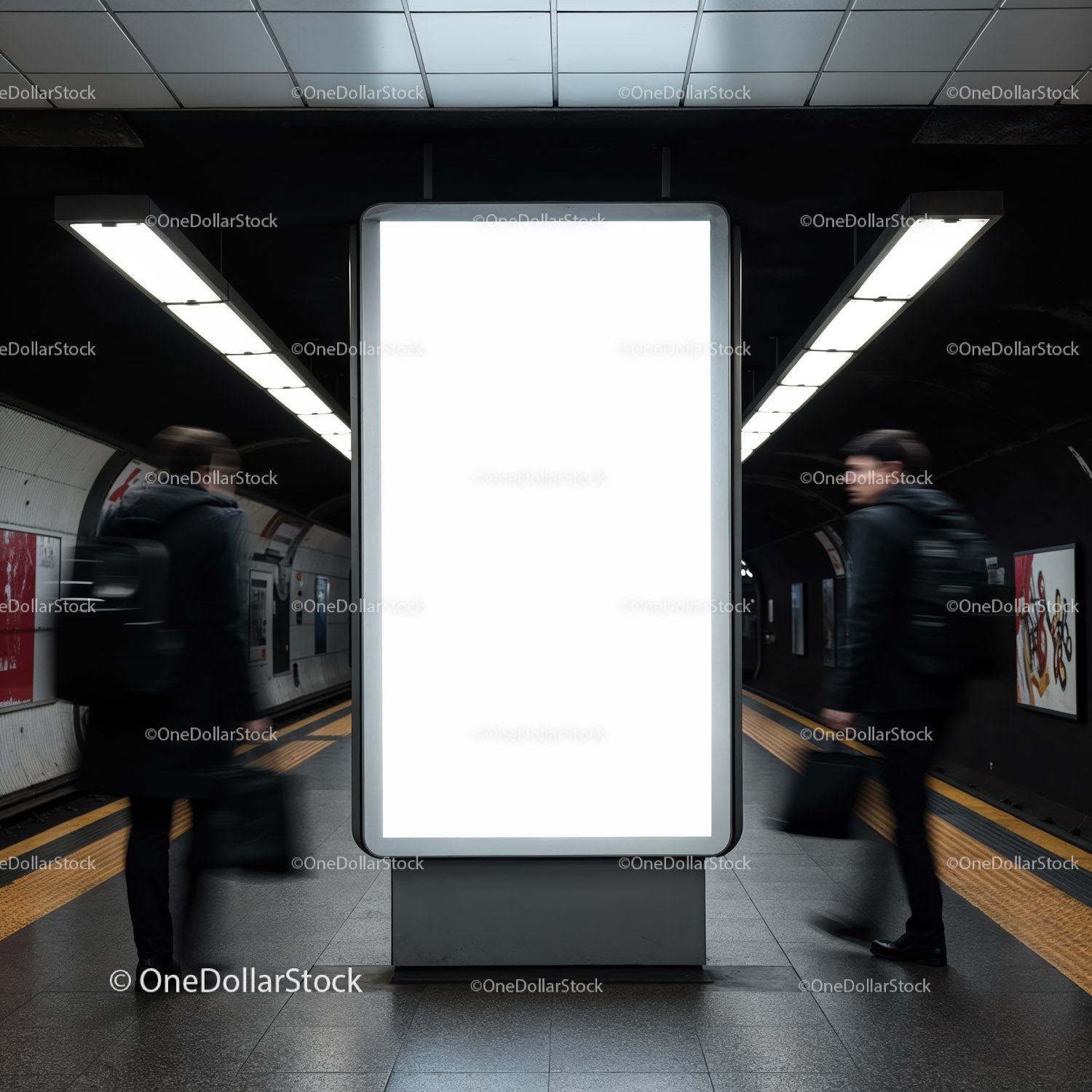 Commuters Passing Bright Advertisement in Subway Station
