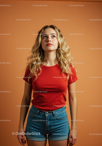Thoughtful young woman looking upward in casual outfit