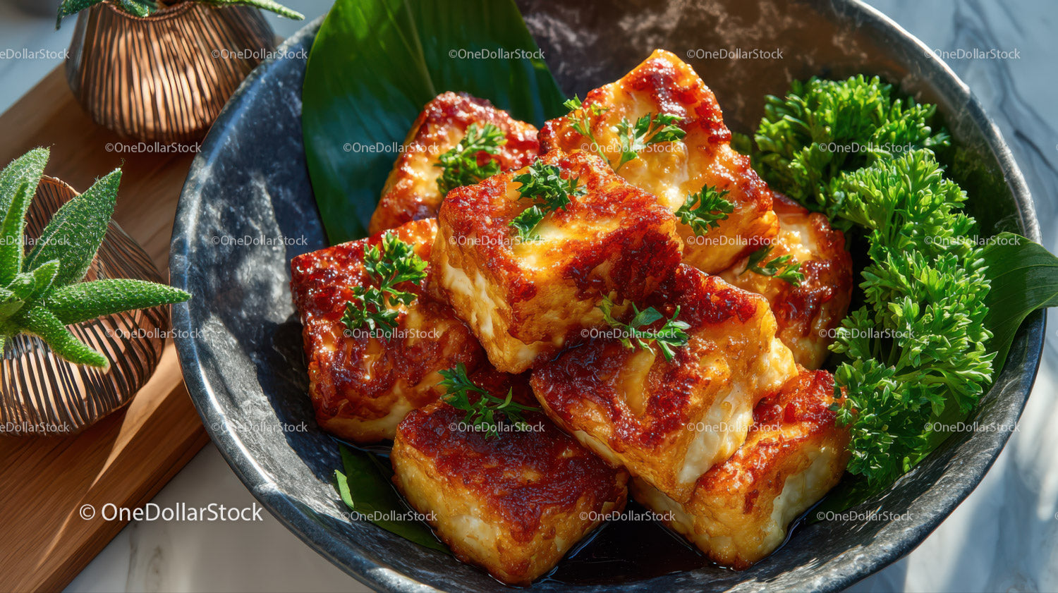 Chrupiące smażone kawałki tofu z pietruszką i świeżą zieleniną