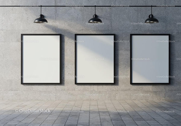 Minimalist Industrial Gallery with Blank Frames JPG Mockup Image