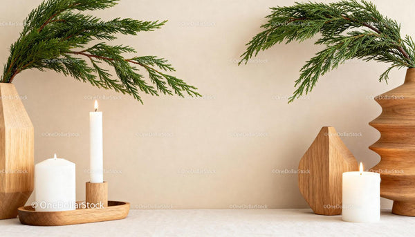 Minimalist Greenery and Candles Decorated on Wooden Surfaces