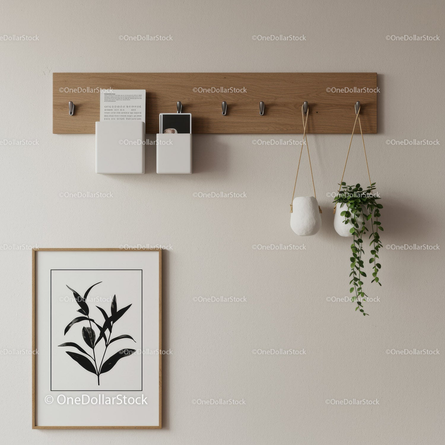 Modern Interior Wall Decor with Wooden Hooks and Hanging Plants