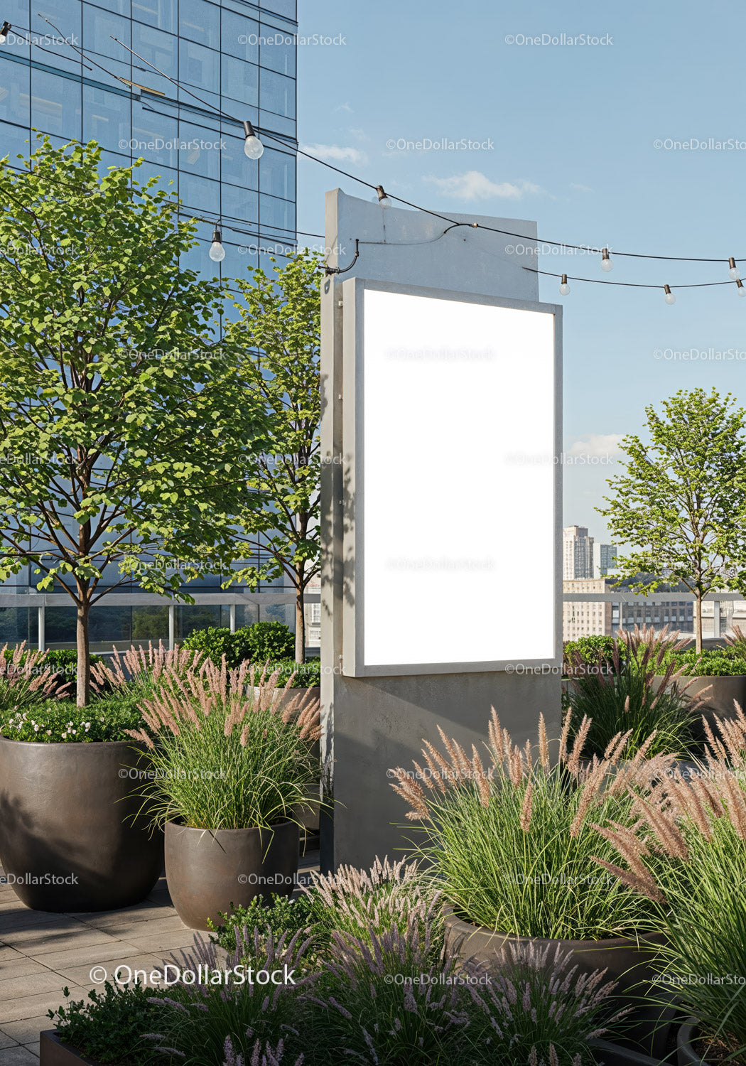 Blank billboard on urban rooftop garden with greenery
