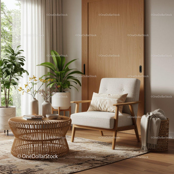 Cozy living room corner with natural wooden furniture