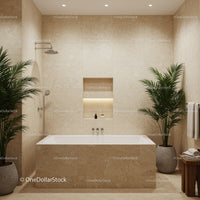 Luxury Beige Tile Modern Bathroom with Greenery and Spa Bathtub