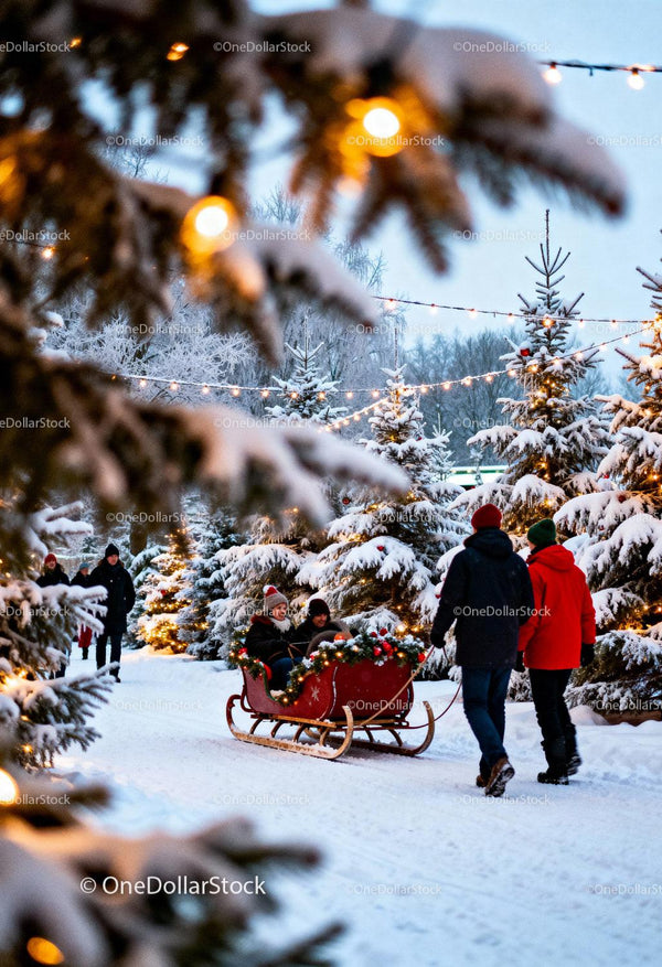 Festive winter sleigh ride through snow-covered pine trees