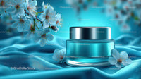 Refreshing Cosmetic Jar with Cherry Blossoms on Blue Silk