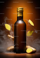 Dark bottle with fresh ginger slices and mist