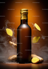 Dark bottle with fresh ginger slices and mist