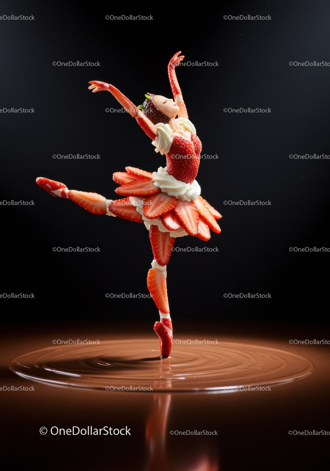 Creative strawberry ballerina dancing on chocolate surface