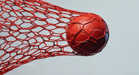Red Soccer Ball in Goal Net with Dynamic Sports Atmosphere