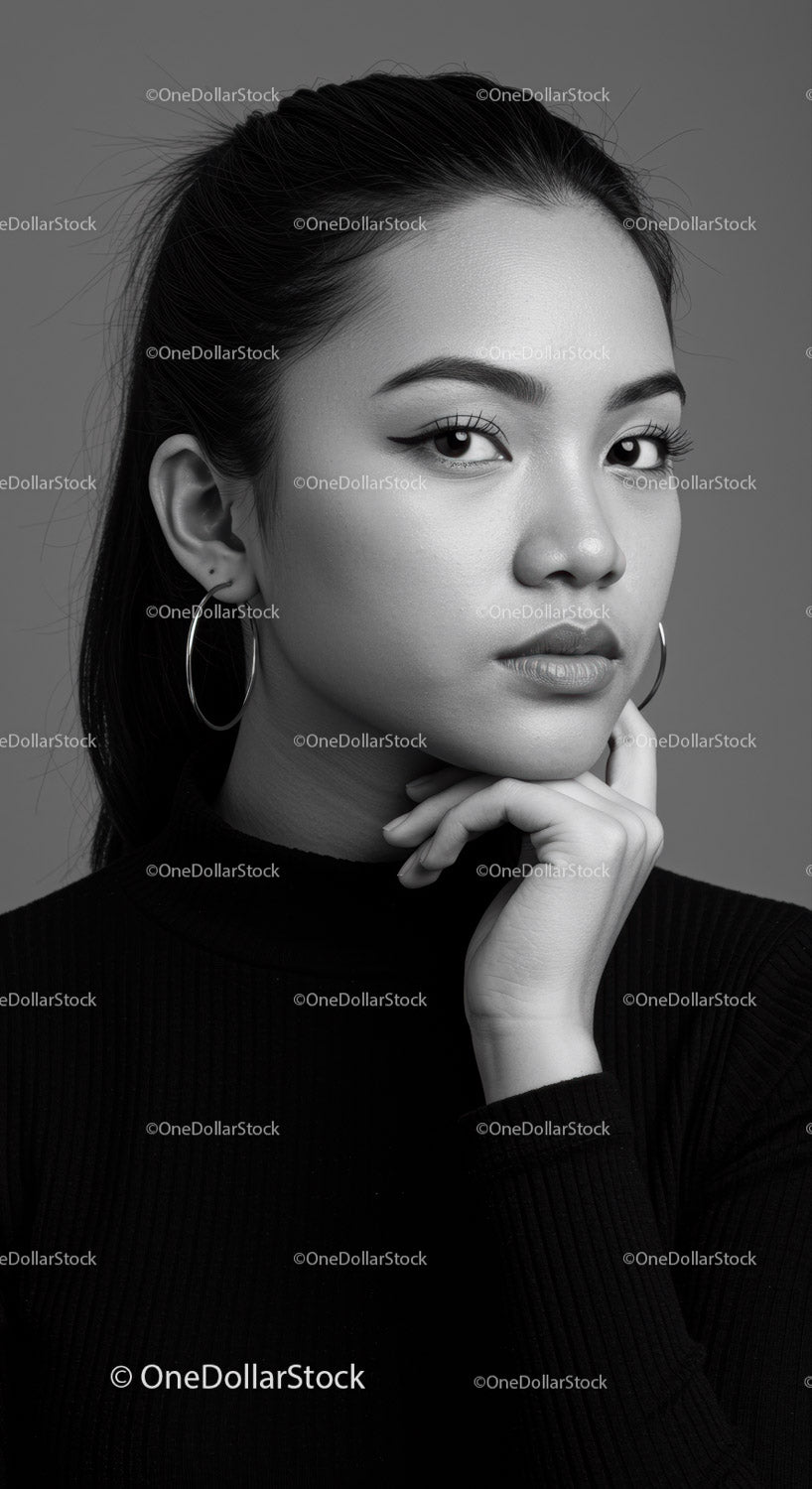 Elegant Black and White Portrait of a Confident Female Model
