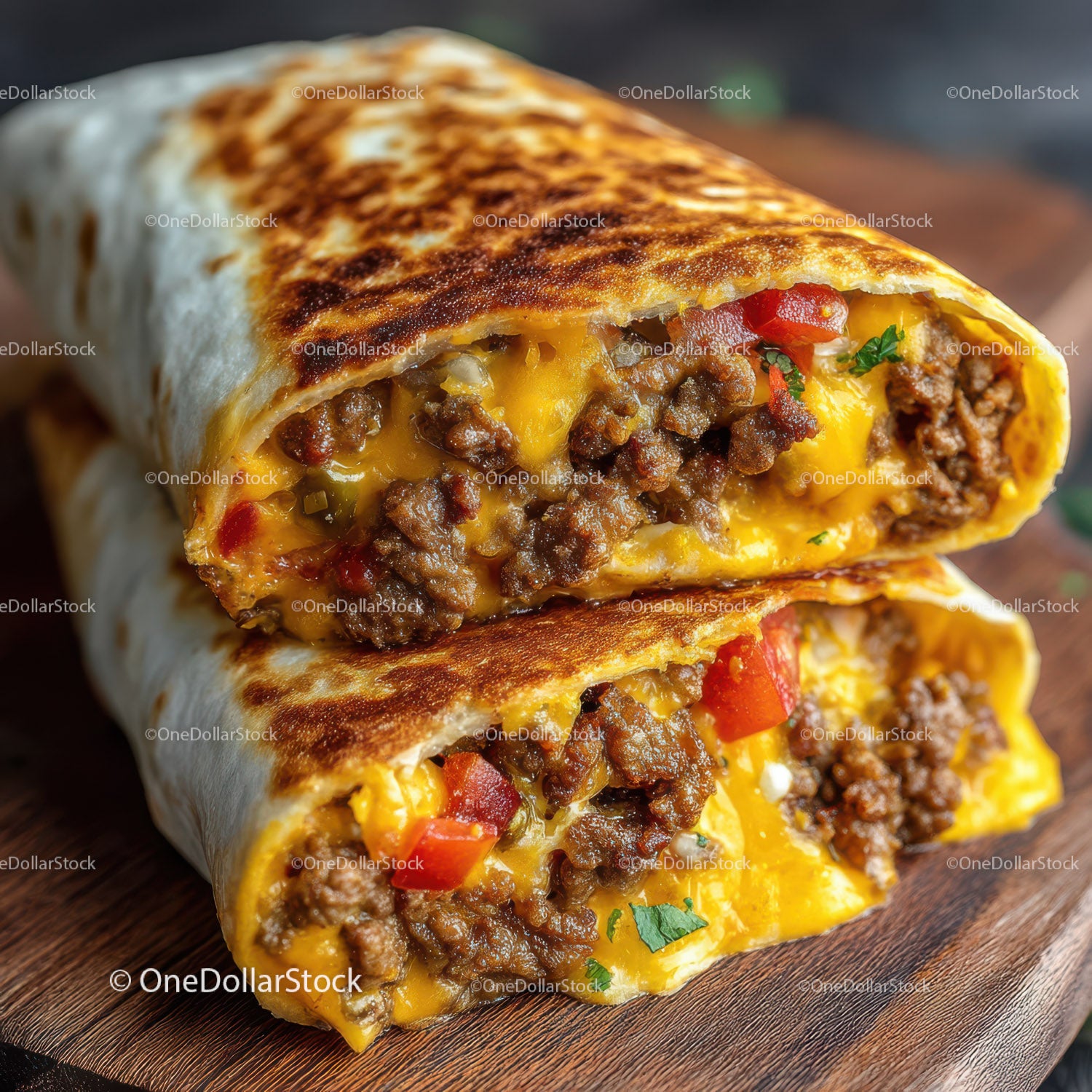 Cheesy Ground Beef Burritos with Red Bell Pepper and Seasonings