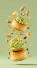 Pistachio Cream Puff Pastries with Nuts in Air
