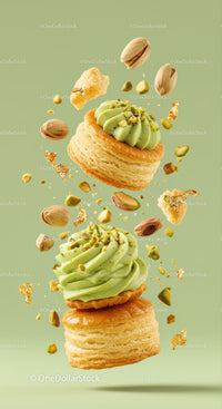 Pistachio Cream Puff Pastries with Nuts in Air