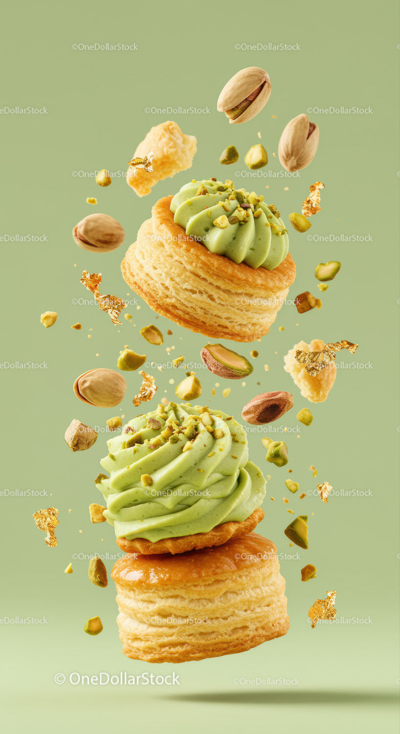 Pistachio Cream Puff Pastries with Nuts in Air