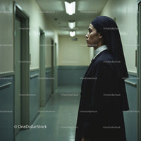 Confident Nurse in Hospital Corridor With Serious Expression