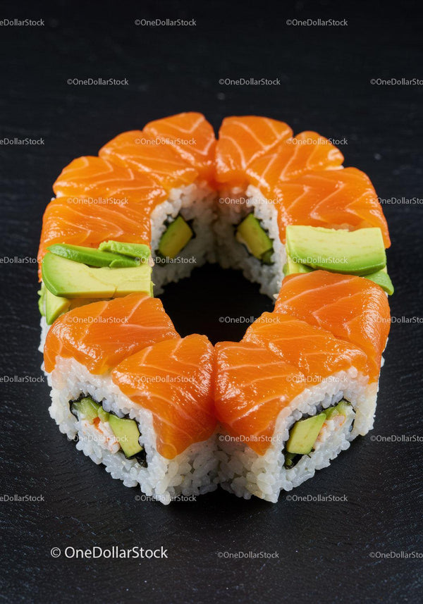Świeży sushi roll z łososiem i awokado na ciemnym tle