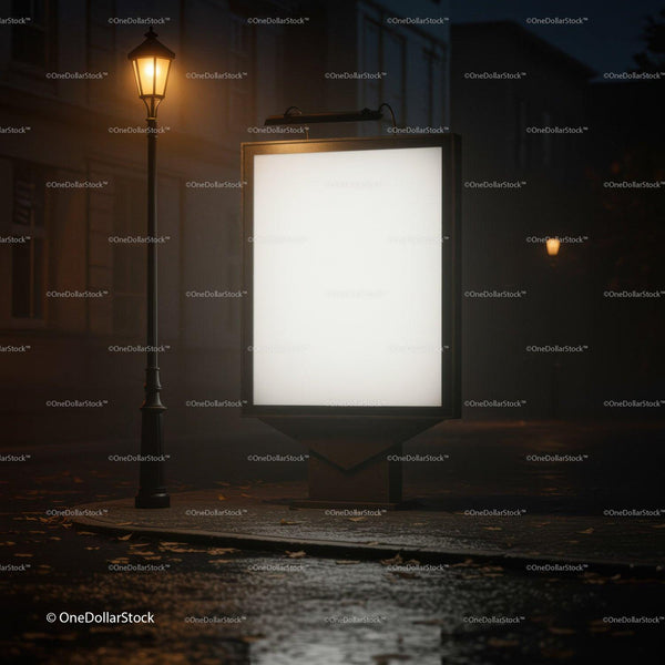 Empty illuminated billboard on quiet rainy street at night JPG Mockup Image