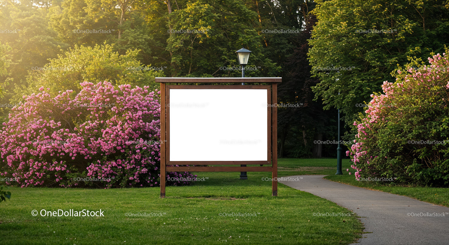 Blank Wooden Billboard in Peaceful Park with Flowering Bushes