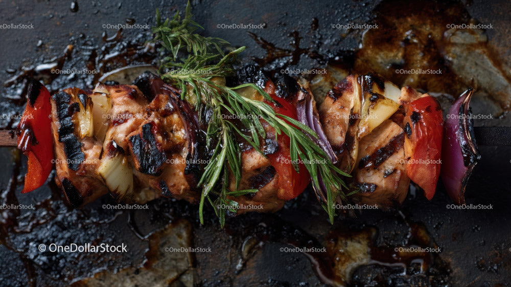 Colorful Grilled Meat and Vegetable Skewers on Barbecue Grill