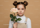 Young Girl with Pale Peach Rose Portrait on Soft Beige Background