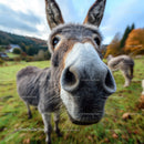 Close-Up of Curious Donkey in Green Pasture Amid Autumn Landscape