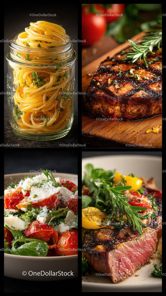 Gourmet Italian Cuisine Featuring Pasta, Salad, and Grilled Steak