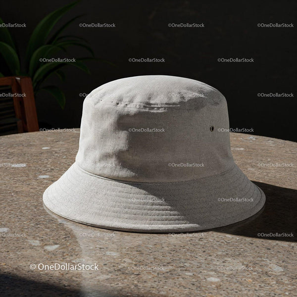 Minimalistyczny beżowy kapelusz typu bucket na teksturowanym kamiennym stole