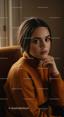 Youthful Woman in Cozy Brown Sweater with Contemplative Expression