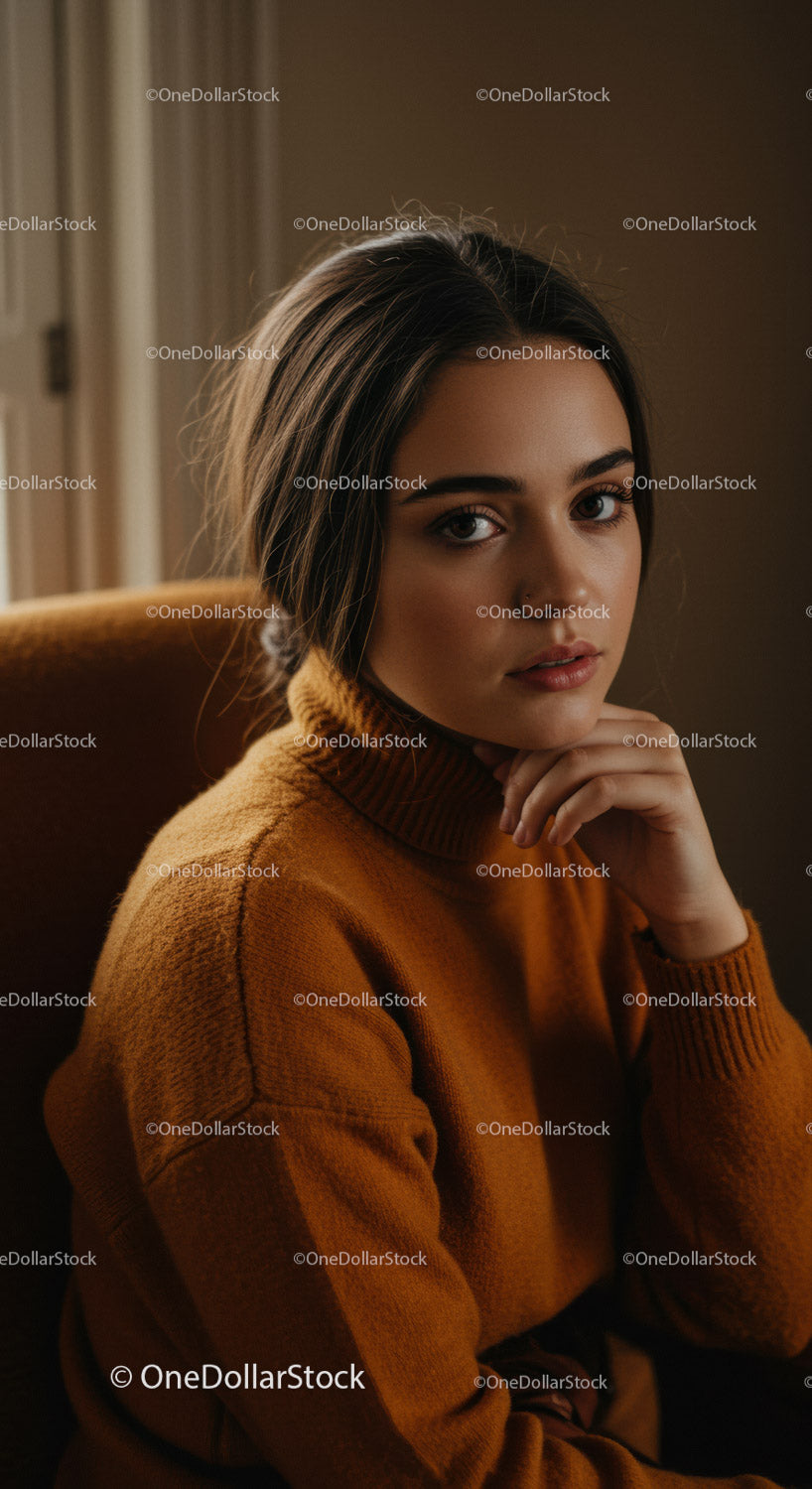 Youthful Woman in Cozy Brown Sweater with Contemplative Expression