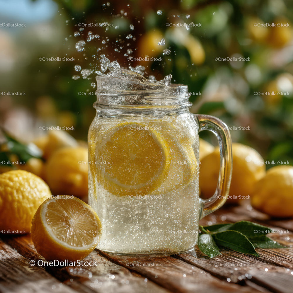 Fresh Lemonade with Sliced Lemons in a Glass Pitcher on Rustic Wooden Surface
