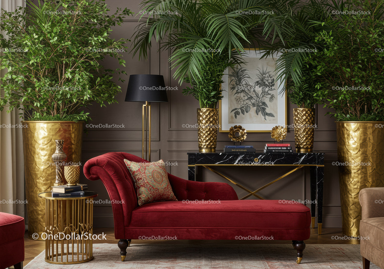 Elegant red chaise lounge in luxurious living room interior