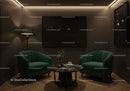 Cozy modern lounge with velvet chairs and starry art