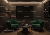 Cozy modern lounge with velvet chairs and starry art